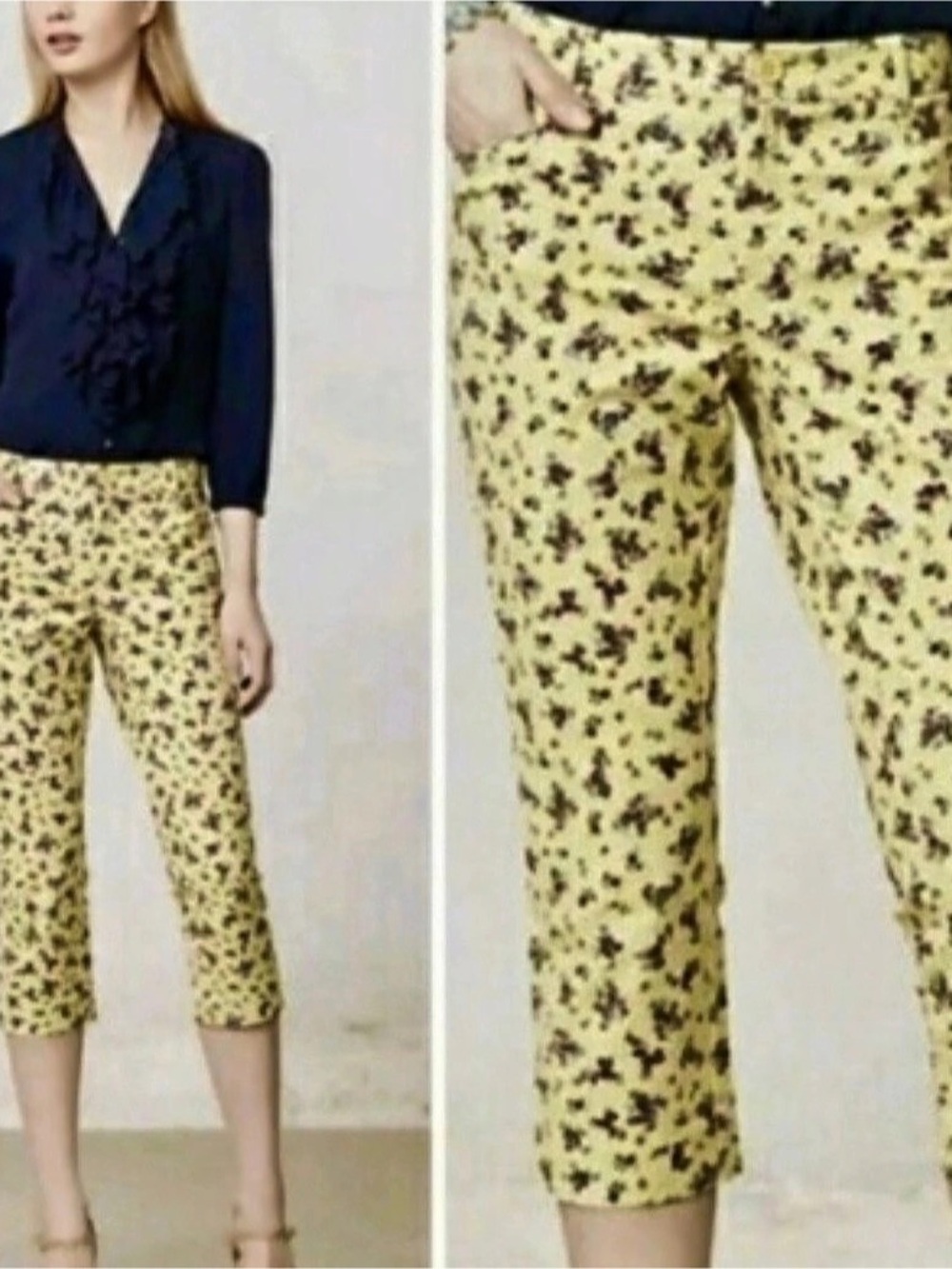 Anthropologie Cartonnier Floral Cropped Pants in Yellow Size 10